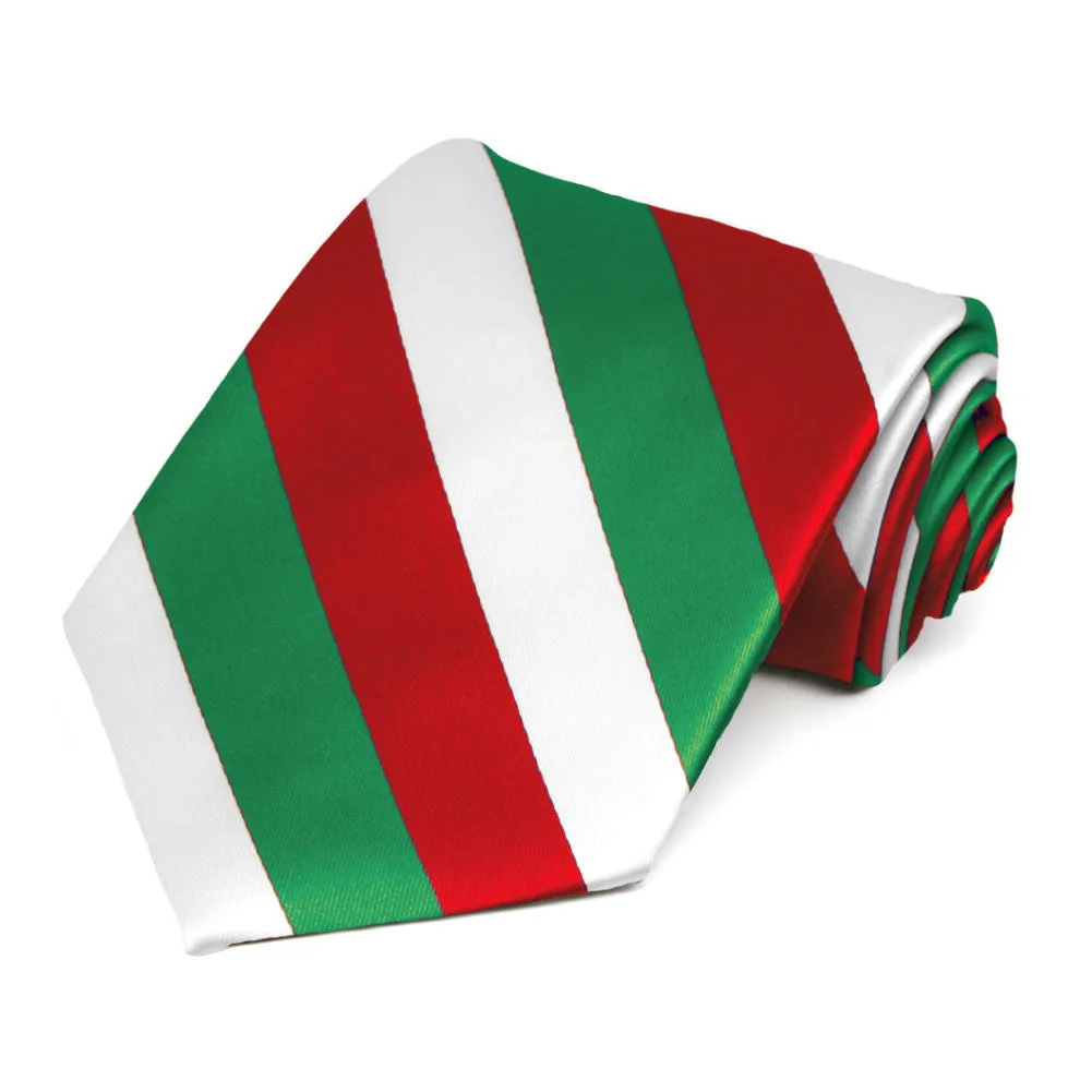 Kelly Green, White and Red Extra Long Striped Tie sold by TieMart