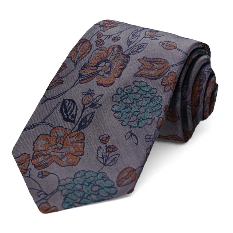 Pewter Barista Floral Silk Narrow Necktie, 3" Width sold by TieMart