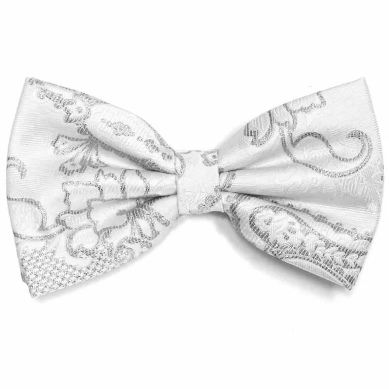 White and Silver Kilburn Paisley Bow Tie sold by TieMart