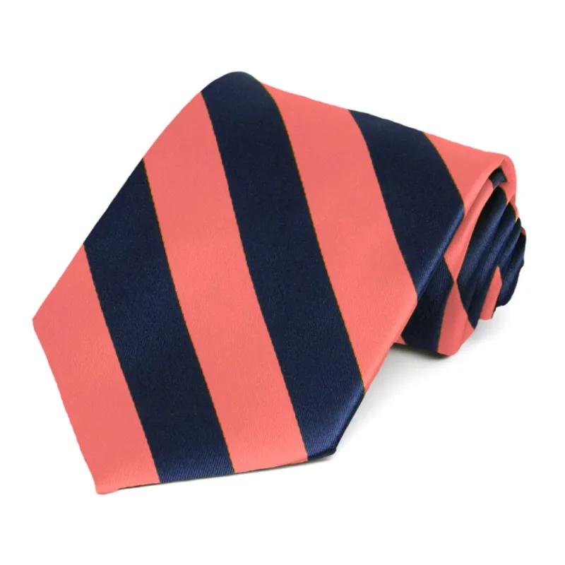 Bright Coral and Navy Blue Extra Long Striped Tie sold by TieMart