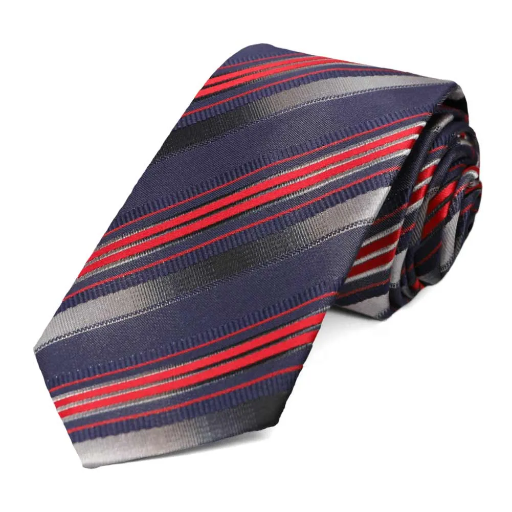 Navy Blue and Red Blackshear Striped Slim Necktie sold by TieMart