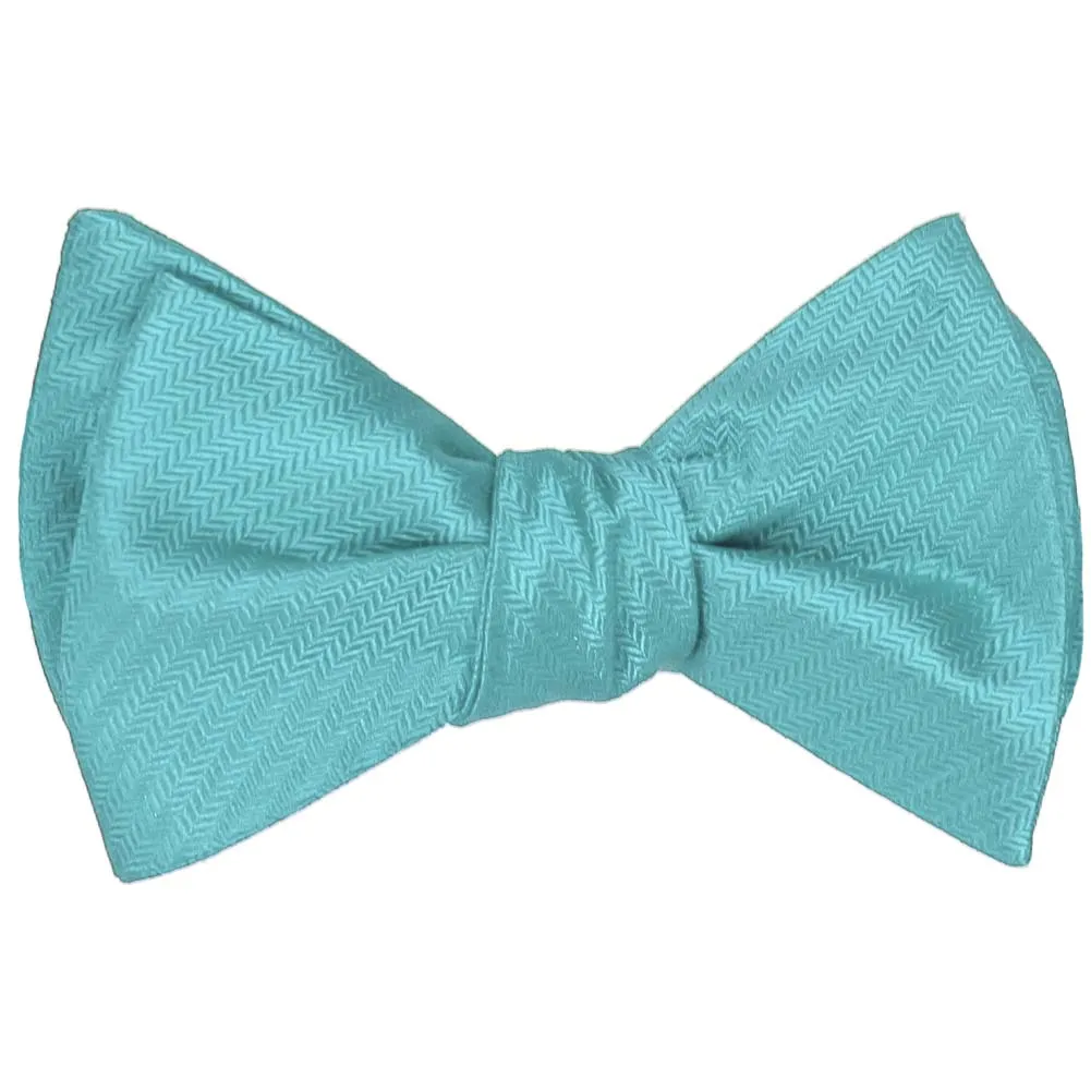 Turquoise Herringbone Silk Self-Tie Bow Tie sold by TieMart product image thumbnail 2