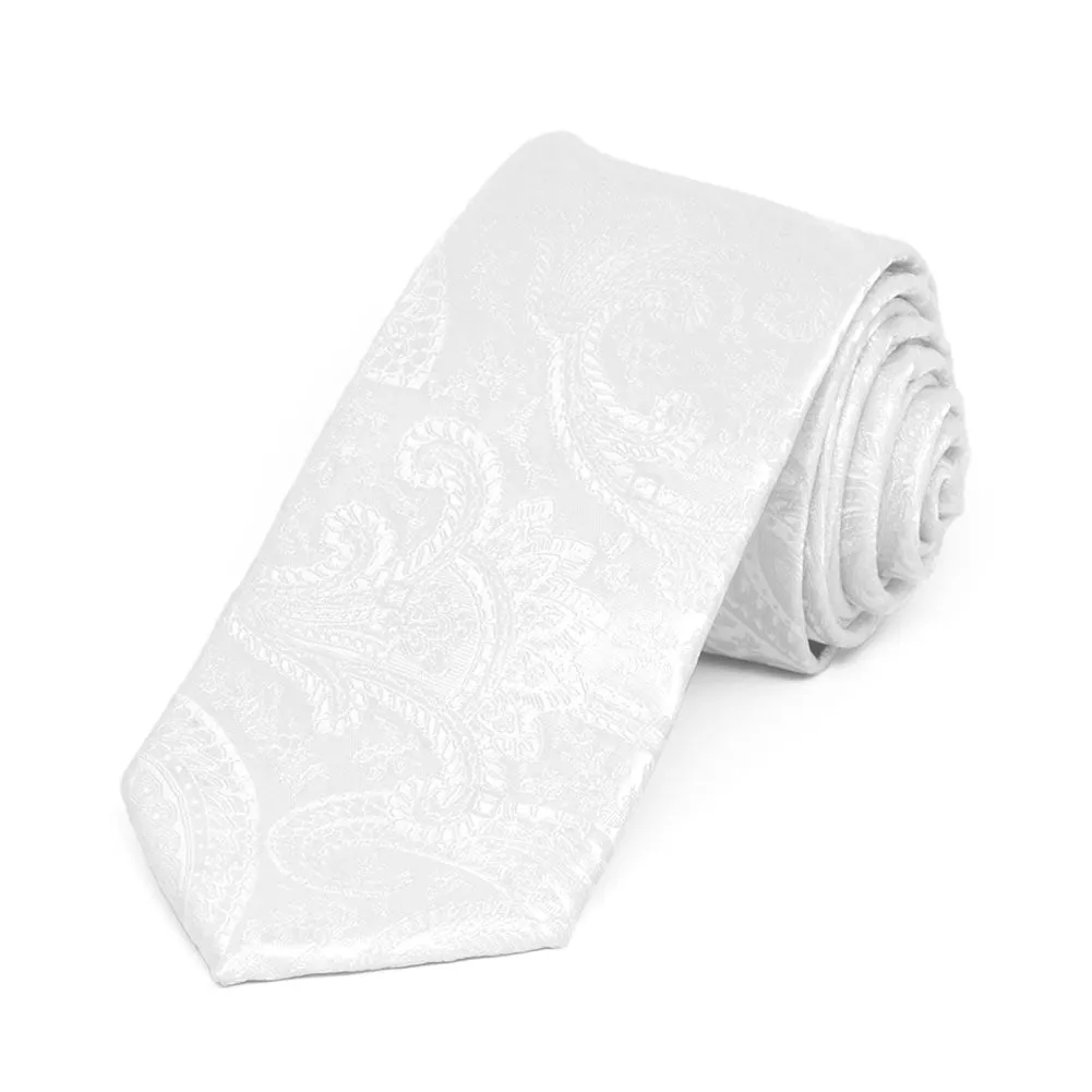 White Clara Paisley Slim Necktie, 2.5" Width sold by TieMart
