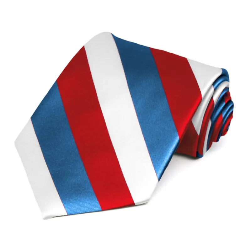 Red, Medium Blue and White Striped Tie sold by TieMart