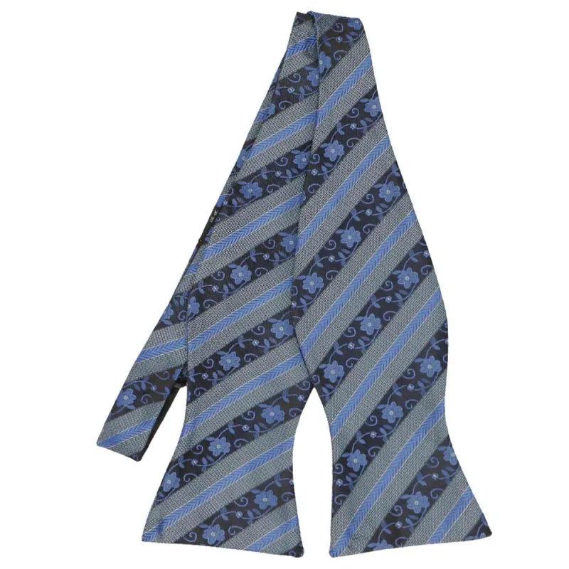 Brilliant Blue Anna Floral Stripe Self-Tie Bow Tie sold by TieMart