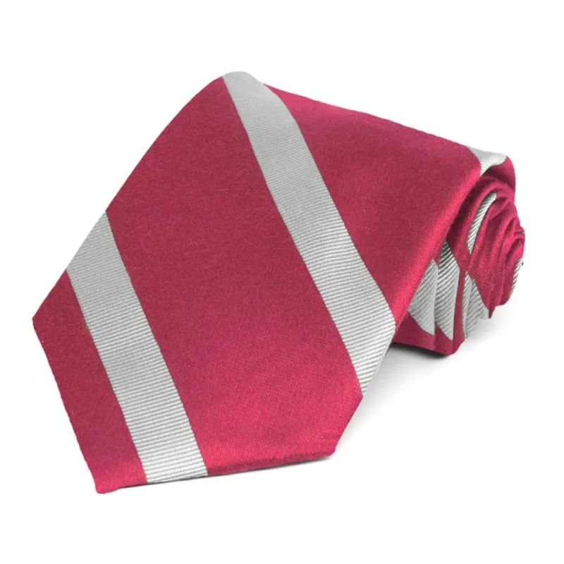 Ruby Red and Silver Striped Cotton/Silk Necktie sold by TieMart