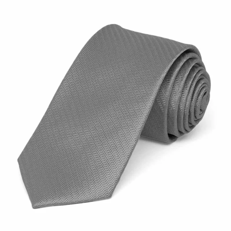 Mercury Silver Herringbone Silk Slim Necktie, 2.5" Width sold by TieMart