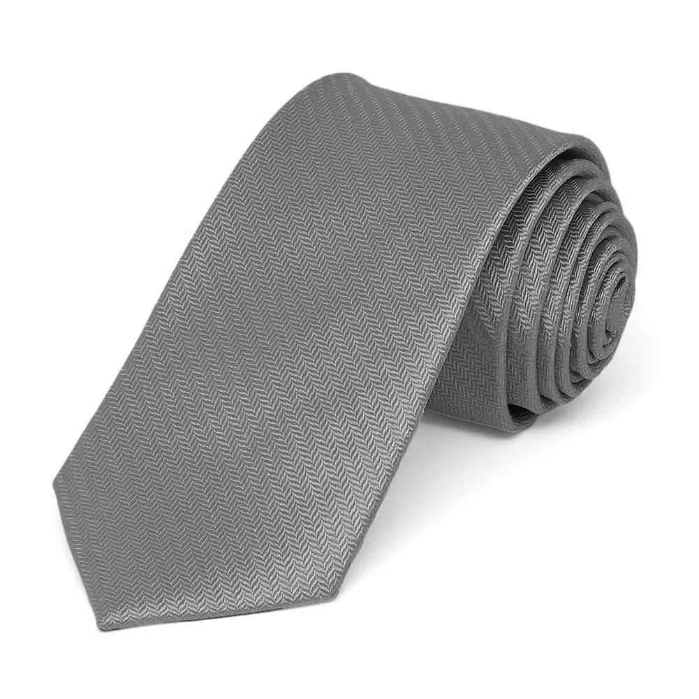 Mercury Silver Herringbone Silk Slim Necktie, 2.5" Width sold by TieMart