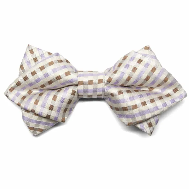 Cream George Plaid Diamond Tip Bow Tie sold by TieMart