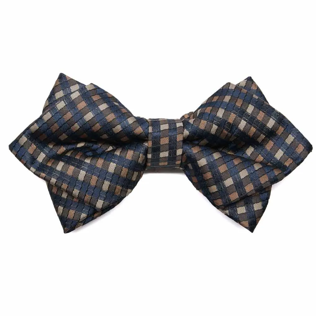 Navy Blue and Brown George Plaid Diamond Tip Bow Tie sold by TieMart