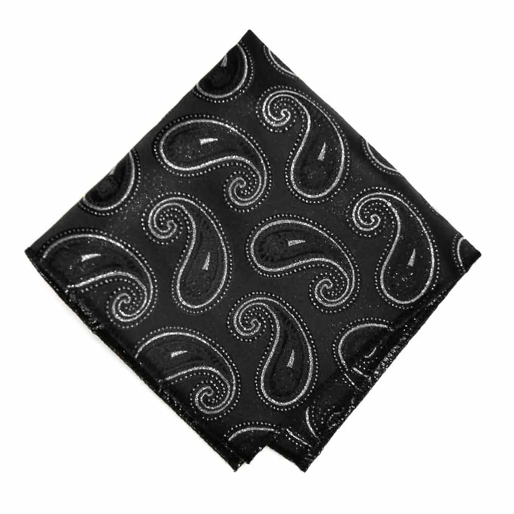 Black and Silver Berkshire Paisley Pocket Square sold by TieMart