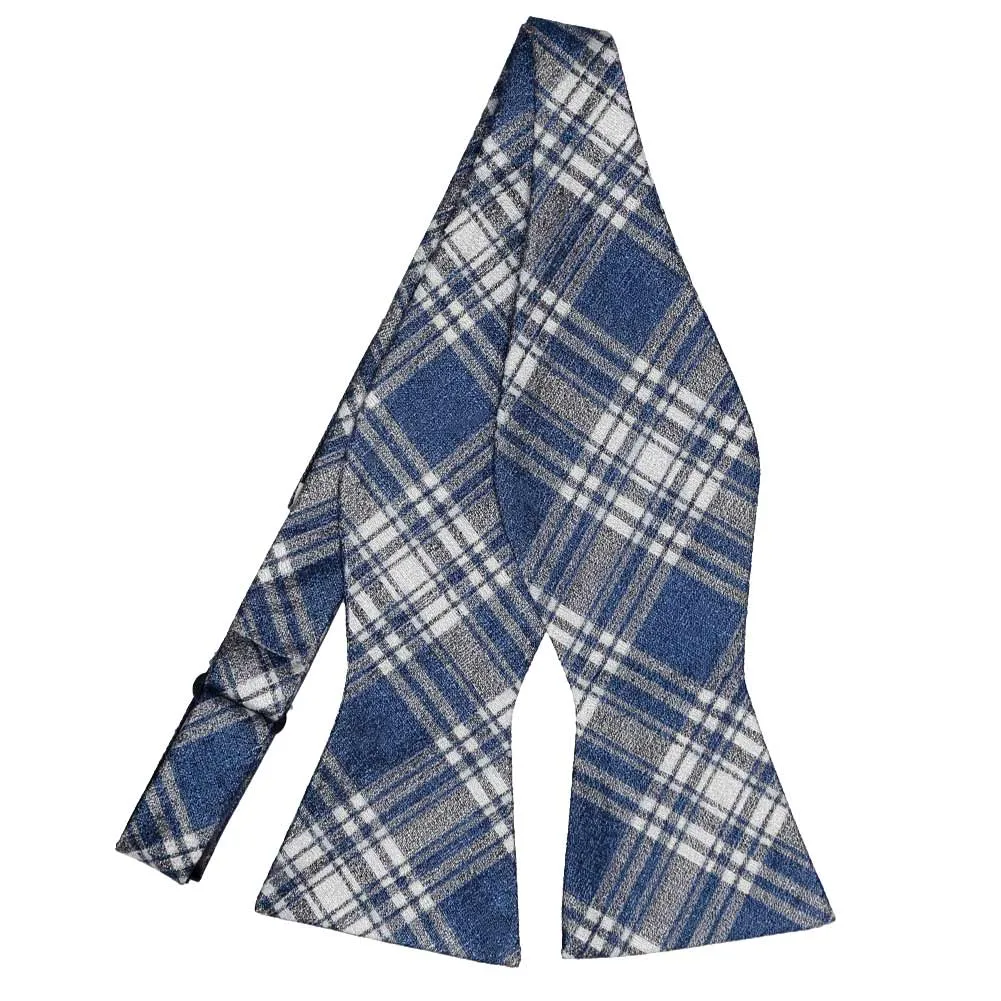 Dark Blue Chancellor Plaid Linen/Silk Self-Tie Bow Tie sold by TieMart