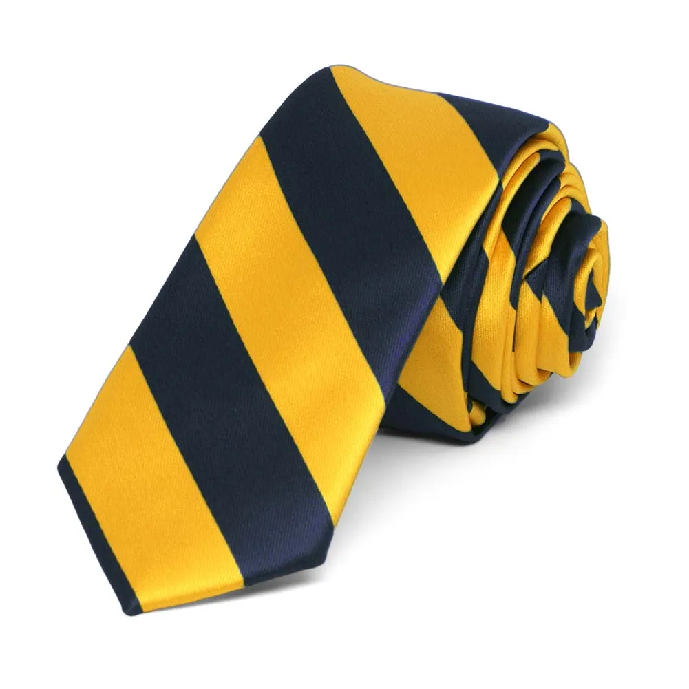 Navy Blue and Golden Yellow Striped Skinny Tie, 2" Width sold by TieMart