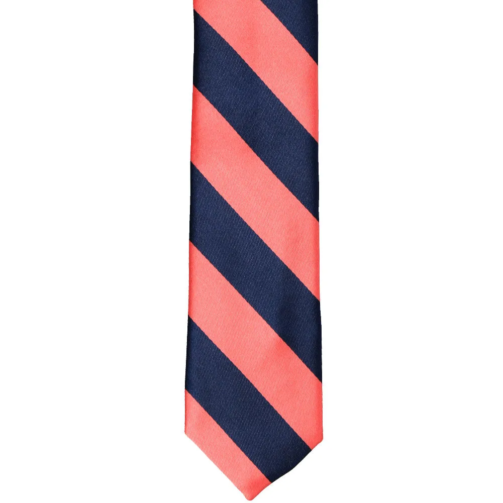 Bright Coral and Navy Blue Striped Skinny Tie, 2" Width sold by TieMart product image thumbnail 2