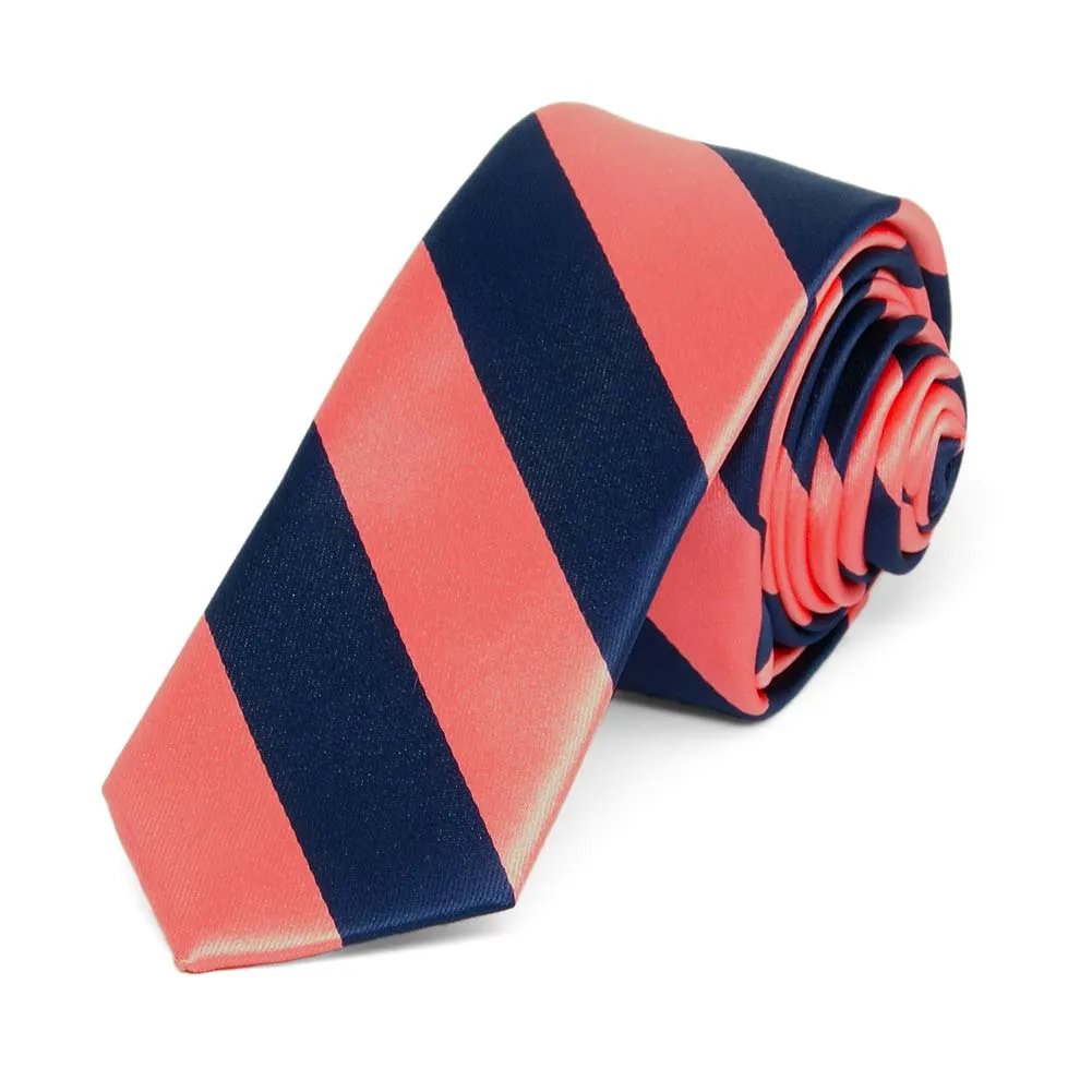 Bright Coral and Navy Blue Striped Skinny Tie, 2" Width sold by TieMart