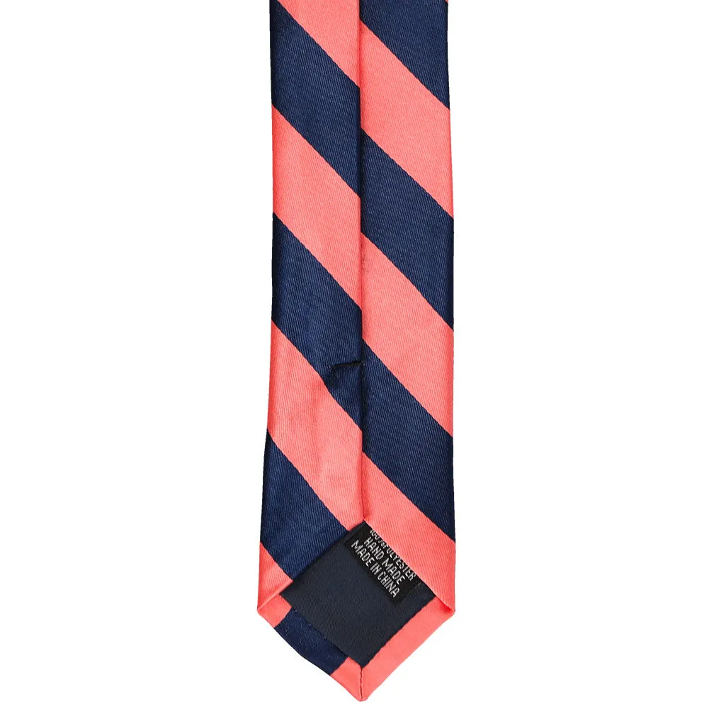 Bright Coral and Navy Blue Striped Skinny Tie, 2" Width sold by TieMart product image thumbnail 4