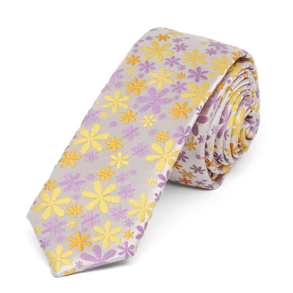 Yellow, Purple and Orange Flower Power Skinny Necktie, 2" Width sold by TieMart