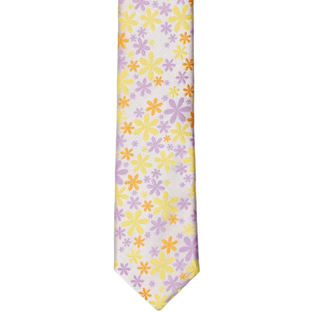 Yellow, Purple and Orange Flower Power Skinny Necktie, 2" Width sold by TieMart product image thumbnail 2