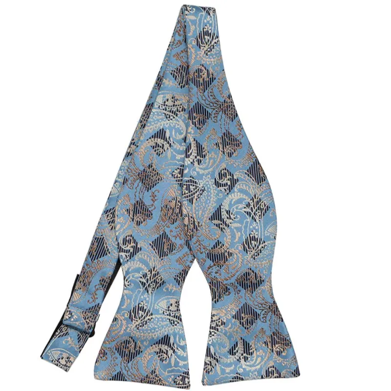Steel Blue and Tan Victoria Paisley Self-Tie Bow Tie sold by TieMart