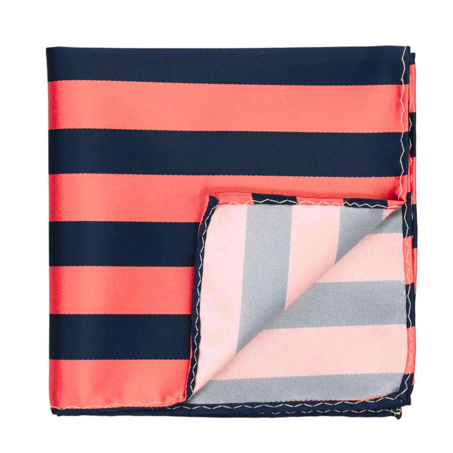 Bright Coral and Navy Blue Striped Pocket Square sold by TieMart product image thumbnail 2