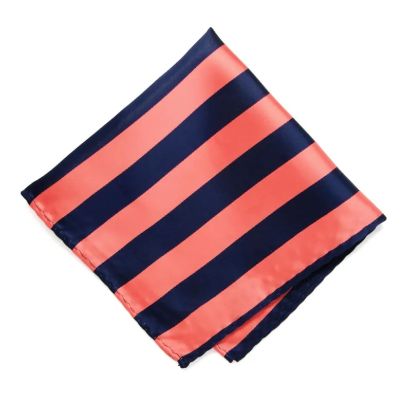 Bright Coral and Navy Blue Striped Pocket Square sold by TieMart