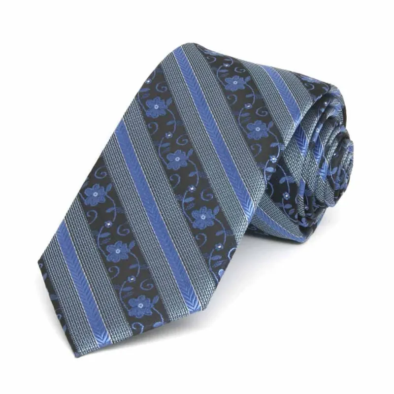 Brilliant Blue Anna Floral Stripe Slim Necktie, 2.5" Width sold by TieMart