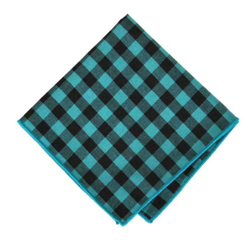 Turquoise and Black Check Cotton Pocket Square sold by TieMart