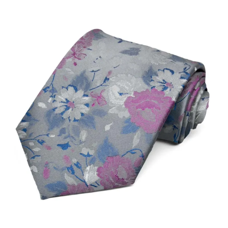 Silver and Orchid Writer Floral Silk Necktie sold by TieMart
