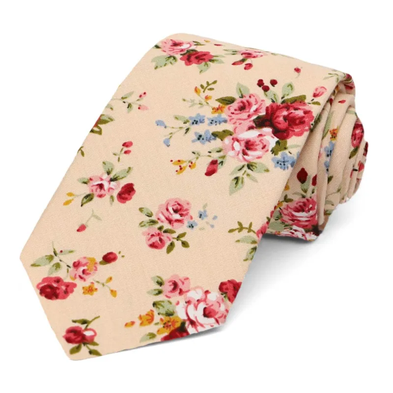 Peach Laguna Floral Cotton Narrow Necktie sold by TieMart
