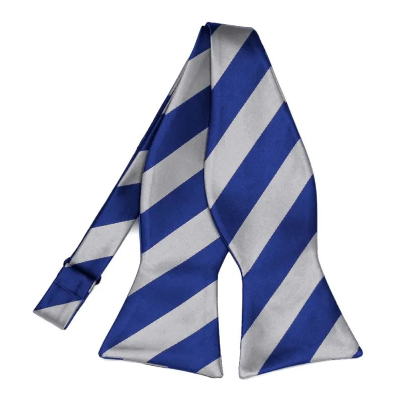 Royal Blue and Silver Striped Self-Tie Bow Tie sold by TieMart