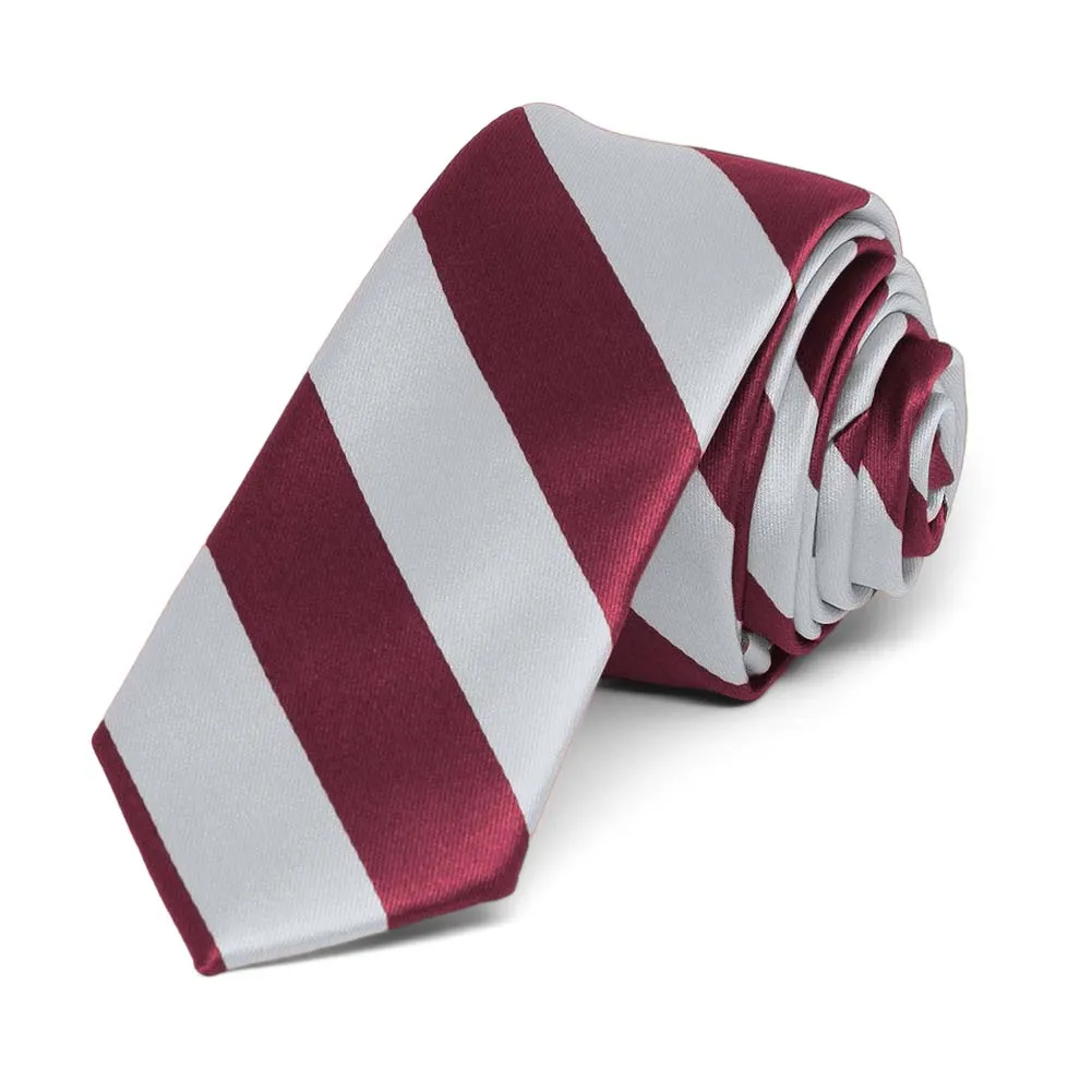 Burgundy and Silver Striped Skinny Tie, 2" Width sold by TieMart