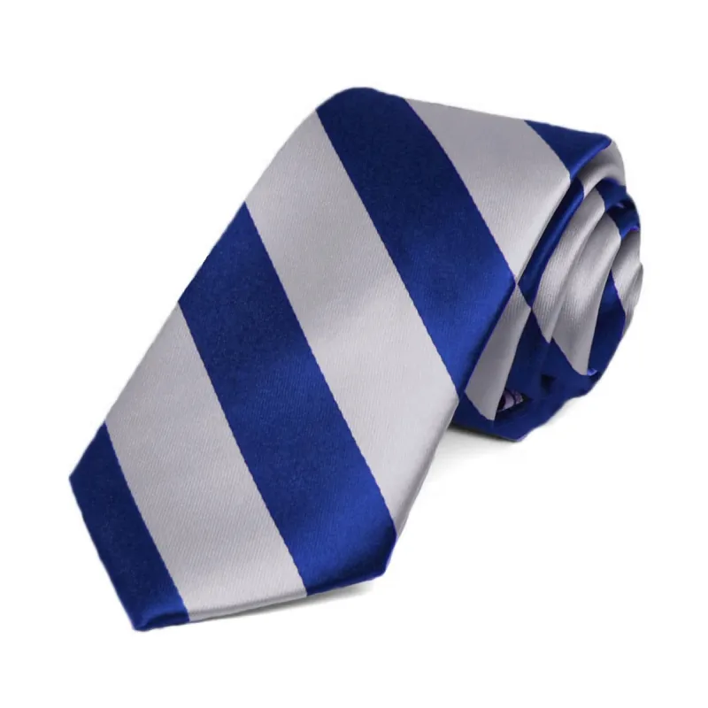 Royal Blue and Silver Striped Slim Tie, 2.5" Width sold by TieMart