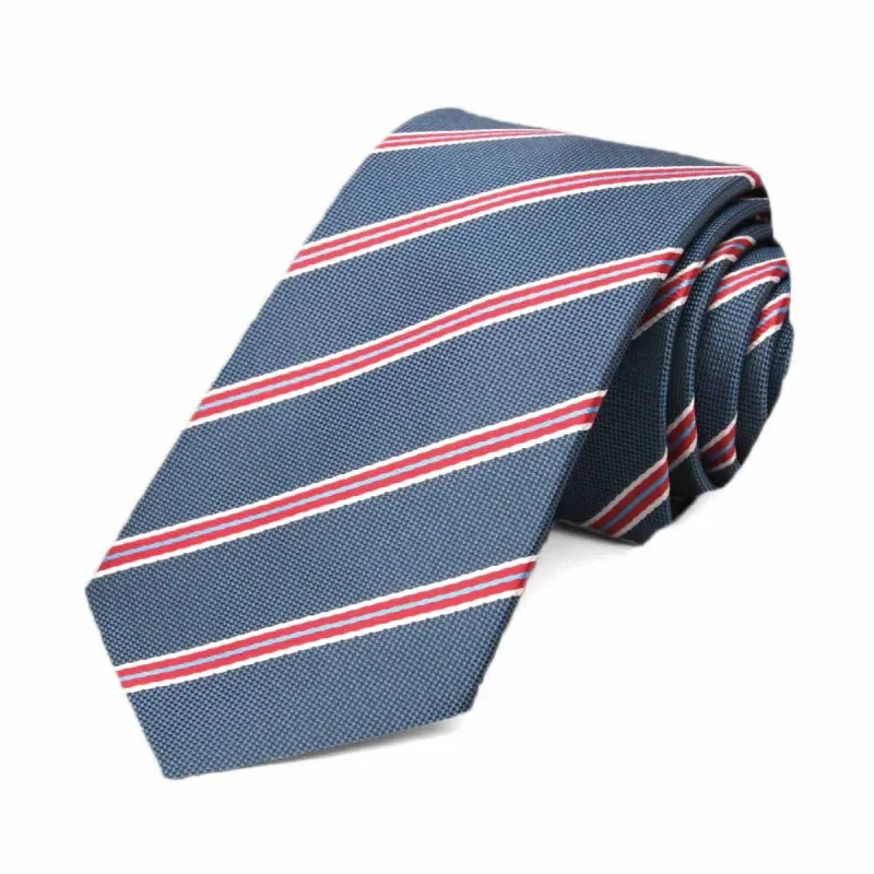 Denim Blue Melvin Striped Slim Necktie, 2.5" Width sold by TieMart
