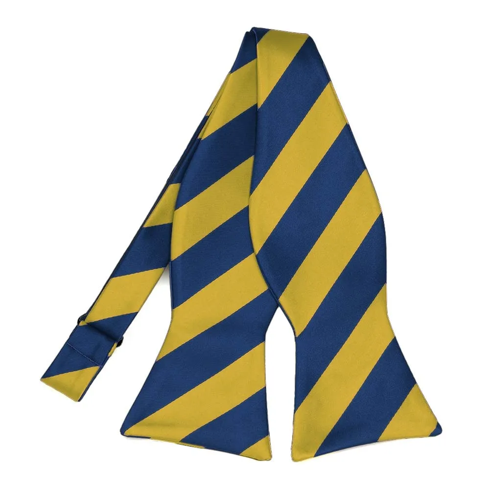 Blue Velvet and Gold Striped Self-Tie Bow Tie sold by TieMart