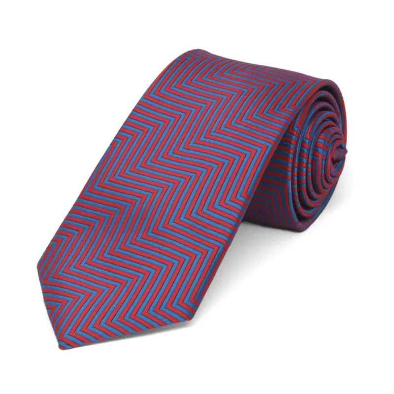 Red Kimberly Chevron Striped Slim Necktie, 2.5" Width sold by TieMart