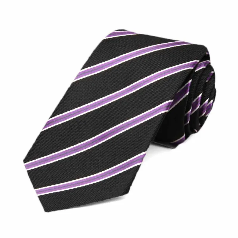 Black Melvin Striped Slim Necktie, 2.5" Width sold by TieMart