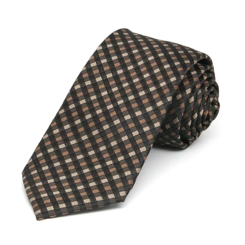 Light Brown George Plaid Slim Necktie, 2.5" Width sold by TieMart