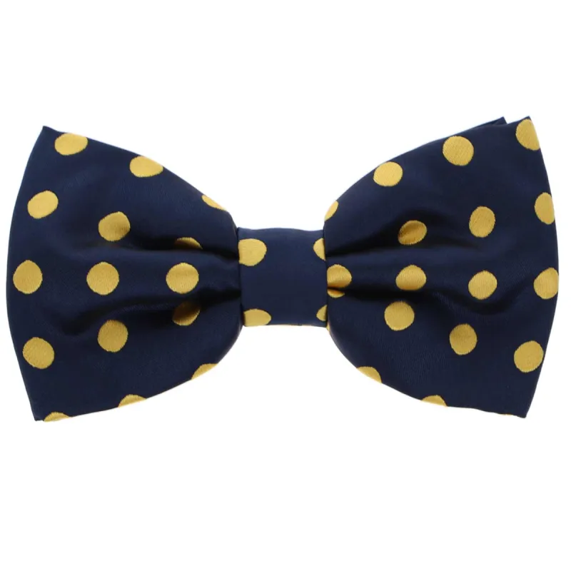 Navy Blue and Gold Quincy Polka Dot Bow Tie sold by TieMart
