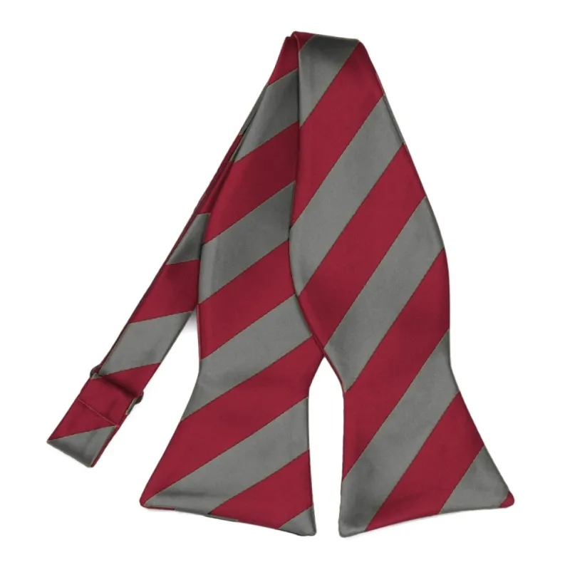 Crimson Red and Medium Gray Striped Self-Tie Bow Tie sold by TieMart