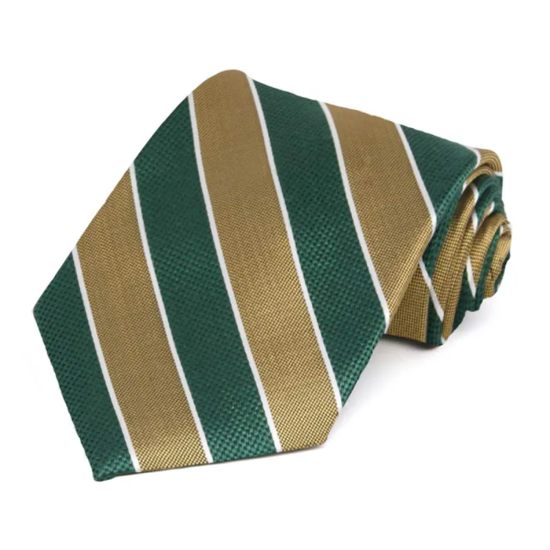 Dark Green and Gold Congress Striped Silk/Viscose Necktie sold by TieMart