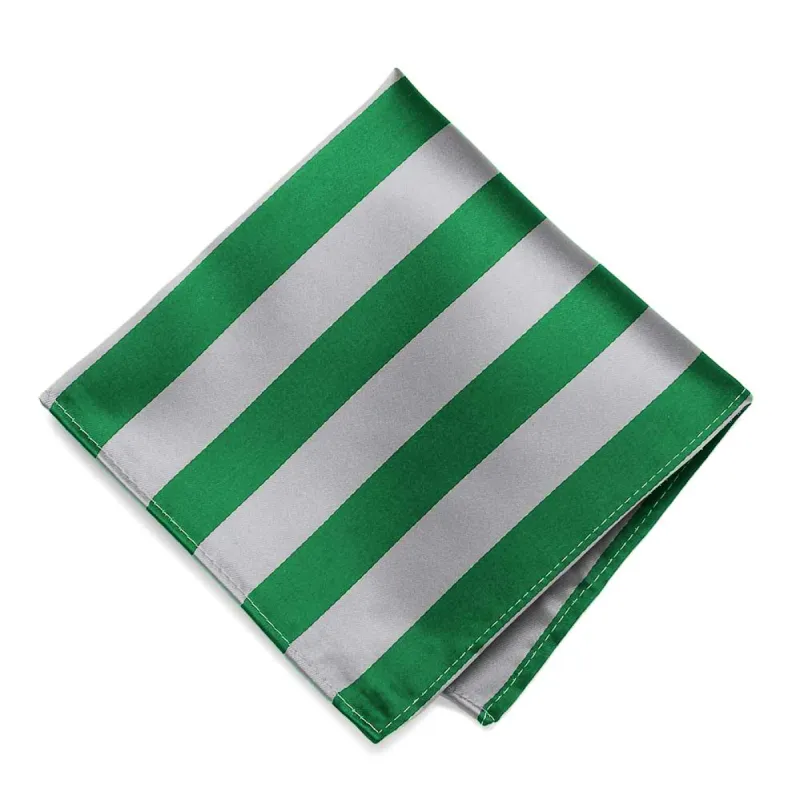 Kelly Green and Silver Striped Pocket Square sold by TieMart
