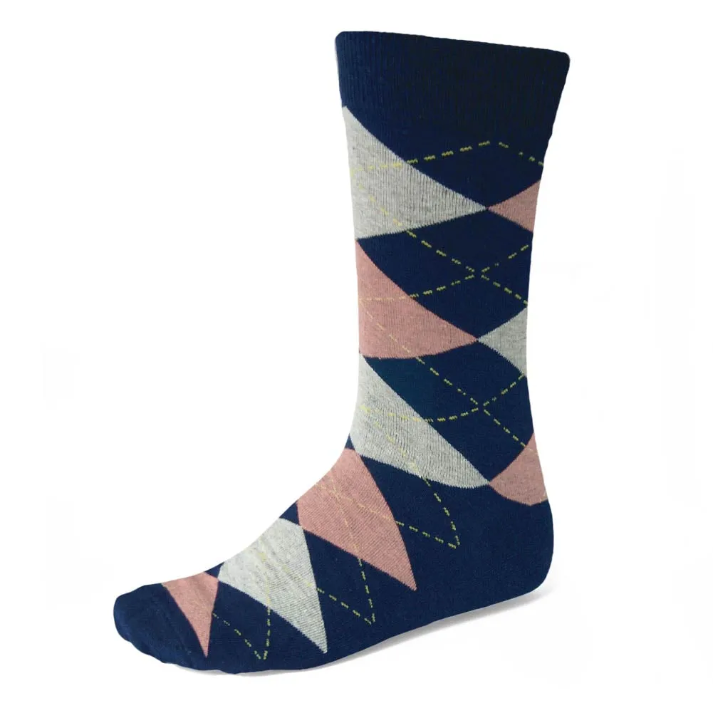 Men's Navy Blue and Blush Pink Argyle Socks sold by TieMart
