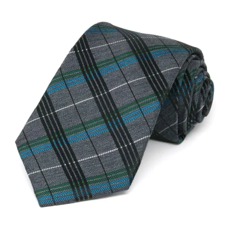 Charcoal Gray Executive Plaid Silk Necktie, 3" Width sold by TieMart