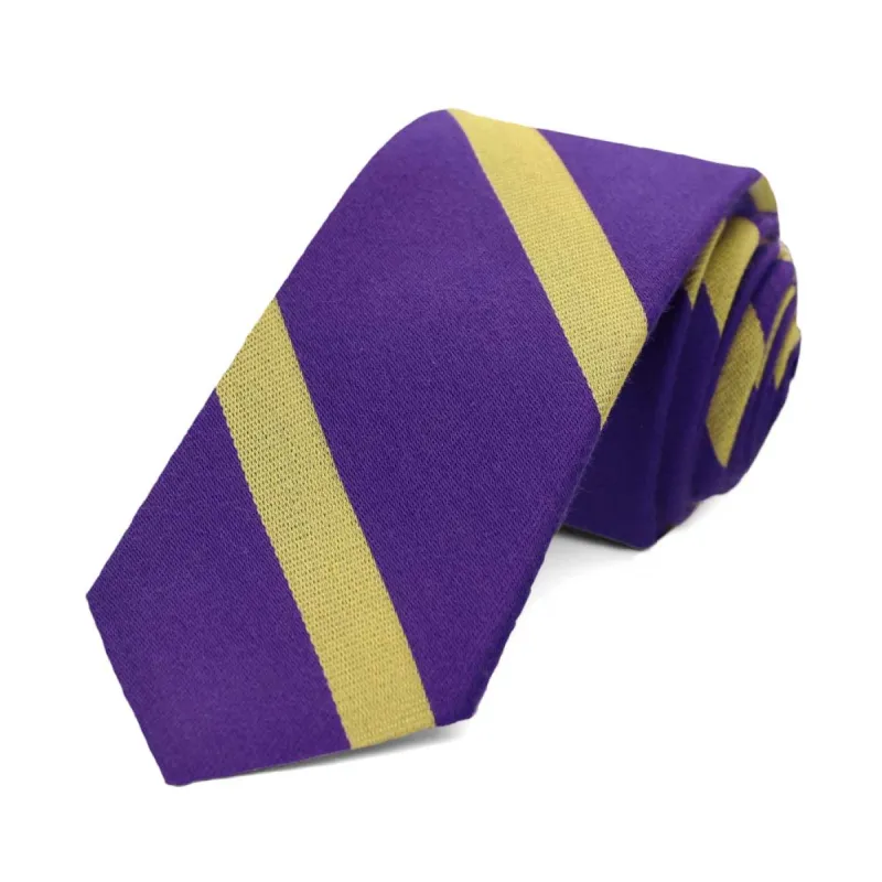 Purple and Gold Striped Cotton/Silk Slim Necktie, 2.5" Width sold by TieMart