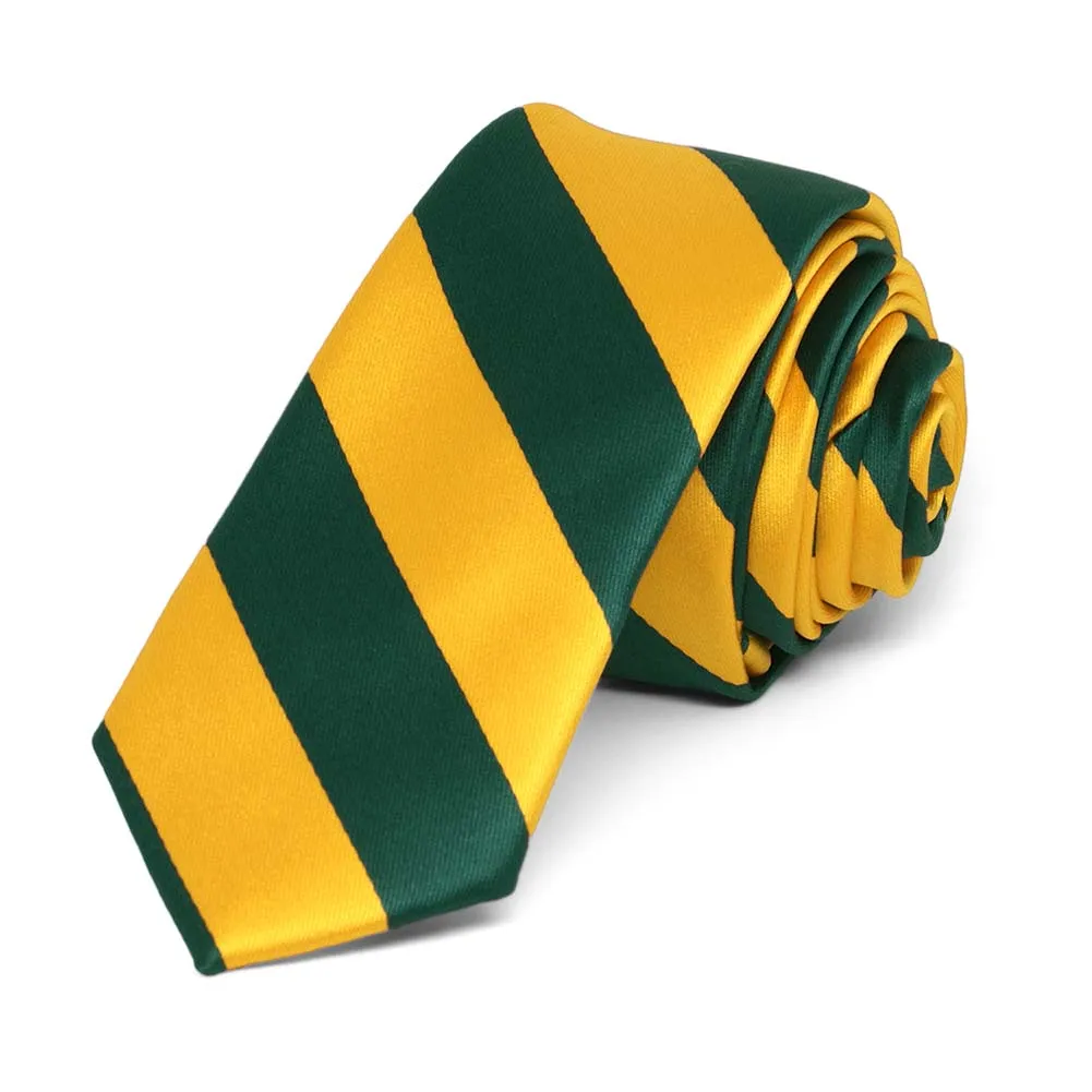Hunter Green and Golden Yellow Striped Skinny Tie, 2" Width sold by TieMart