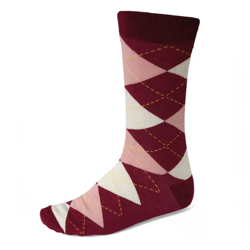 Men's Burgundy and Blush Pink Argyle Socks sold by TieMart