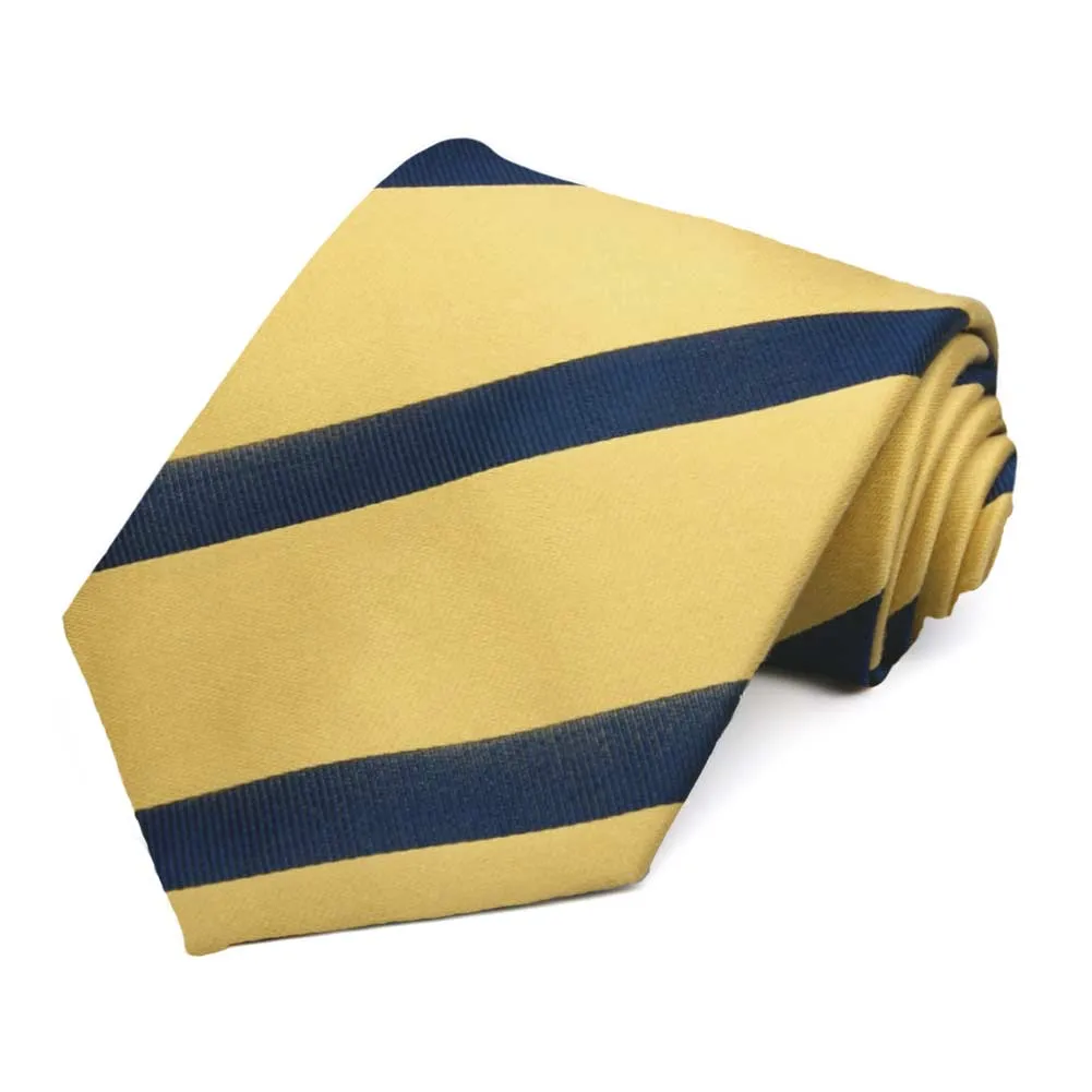 Light Gold and Navy Blue British Striped Cotton/Silk Extra Long Necktie sold by TieMart