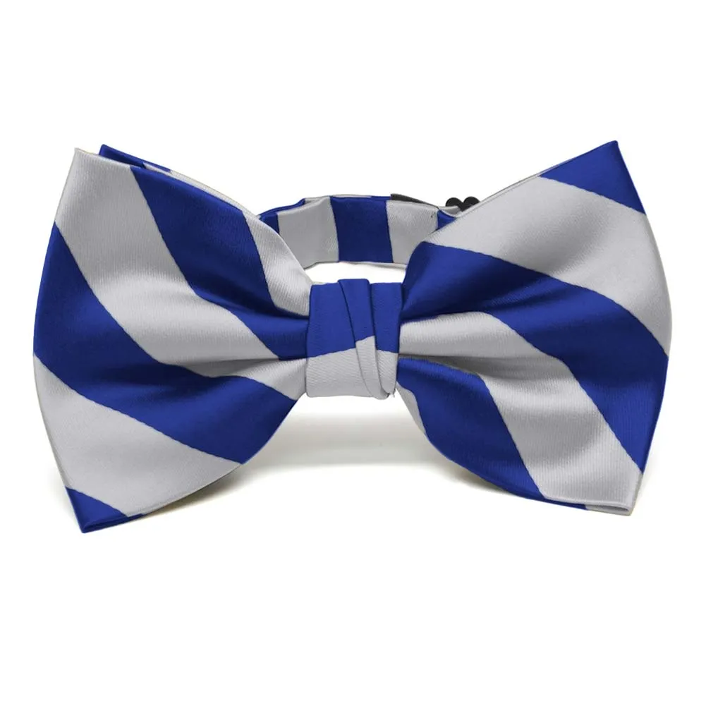 Royal Blue and Silver Striped Bow Tie sold by TieMart
