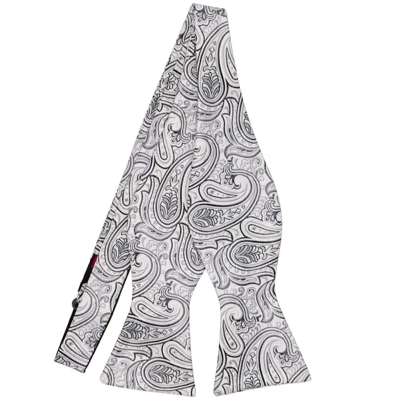 Pale Silver and Gray Rushmore Paisley Self-Tie Bow Tie sold by TieMart
