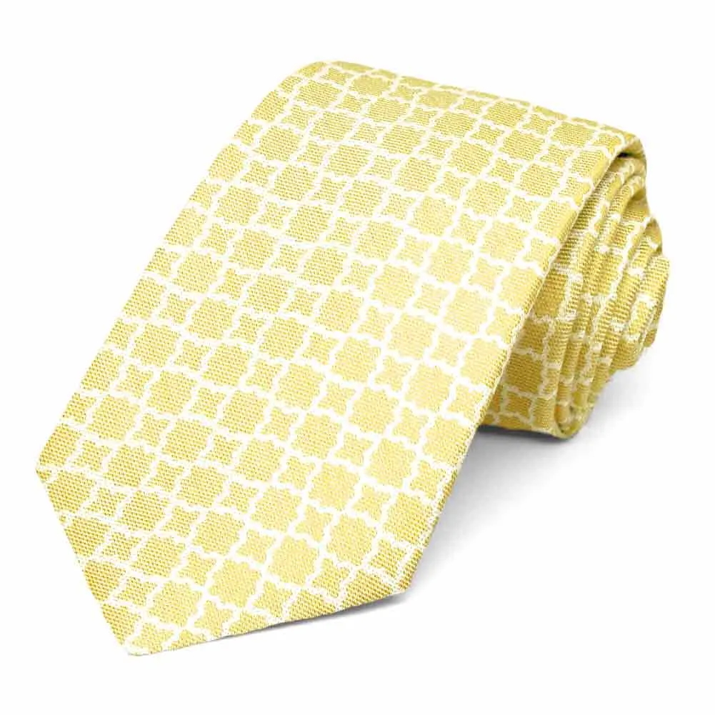 Saffron Yellow Moroccan Trellis Cotton/Silk Narrow Necktie, 3" Width sold by TieMart